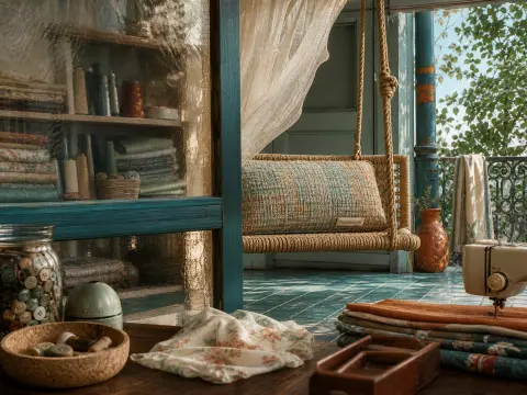 A cozy sewing table with fabric and buttons looking out toward a woven swing on a tiled balcony.