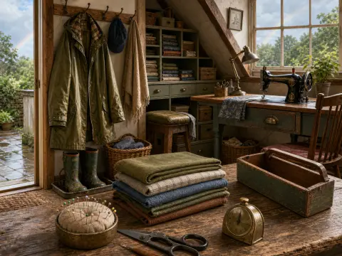 A cozy attic sewing workshop with folded fabrics on a wooden table beside a window looking out at a rain-washed garden.
