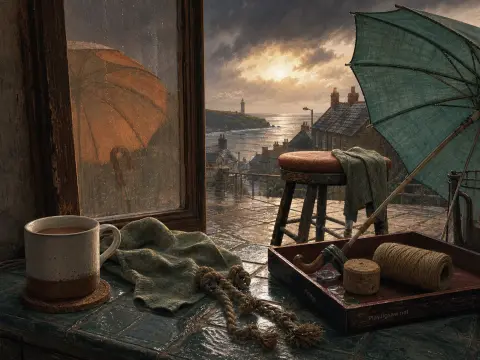 A steaming mug and twine on a windowsill overlooking an umbrella on a wet stone balcony and a coastal lighthouse.