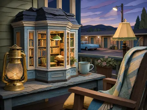 A lighted miniature library diorama and brass lantern sit on a porch bench next to an armchair draped with a quilt.