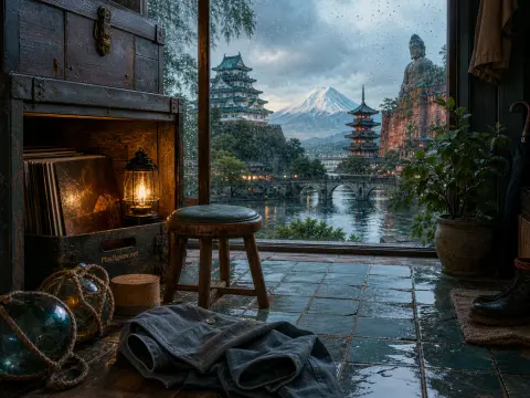 Rainy room with a lantern and stool looking out at Mount Fuji, a Japanese castle, and a pagoda across the water.