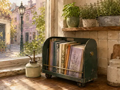 A weathered green rolling book caddy rests on a sunny windowsill beside potted herbs and a view of a cobblestone street.