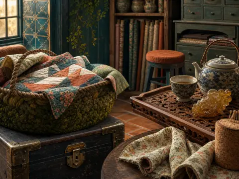 A patchwork quilt in a woven basket on a trunk next to a carved tray with a teapot and teacup in a cozy sewing room.