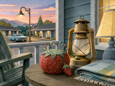 A strawberry pincushion, lantern, and folded quilt sit on a wooden porch overlooking a retro motel at dusk.