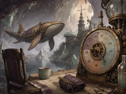 A mechanical whale flies across a rocky cavern bay behind an ornate brass weather gauge on a wooden desk.