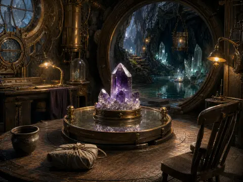A glowing purple amethyst sits on a wooden table inside a brass workshop overlooking a crystal-filled cavern.