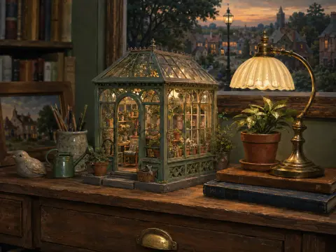 A glowing miniature glasshouse diorama sits on a rustic wooden desk next to a lit lamp and a small potted plant.