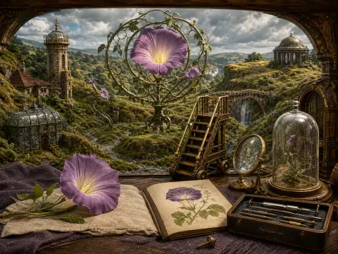 A botanist desk with purple morning glory flowers and drafting tools overlooks a miniature fantasy valley with stone towers.