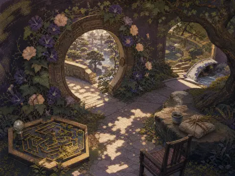 A secluded stone patio with a wooden maze game, steaming tea, and a round moon gate draped in purple flowers.