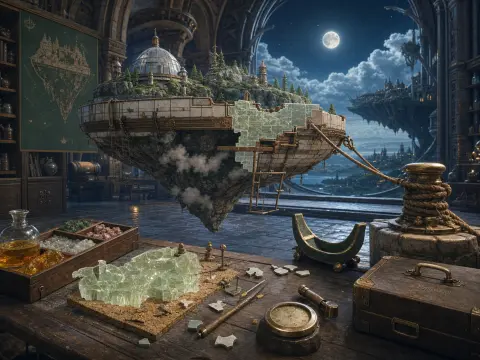 A miniature floating island being built in a grand observatory workshop beneath a full moon.