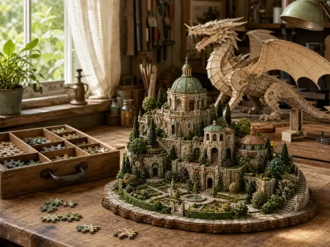 Intricate miniature palace with domed towers and terraced gardens on a workbench next to a large model dragon.