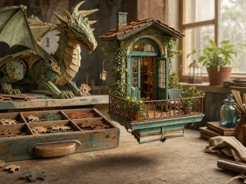 A tiny floating library cottage with a balcony hovers in a workshop next to a handcrafted mechanical dragon.