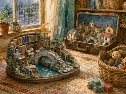 A miniature library diorama with a stone bridge and tiny books sits beside an open suitcase town near a rainy window.
