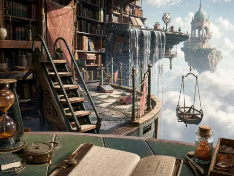Fantasy library balcony overlooking a sea of clouds, with a study desk, packed bookshelves, and floating tower.