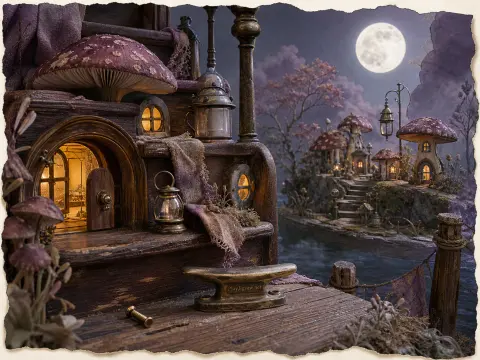 A miniature harbor village of tiny mushroom-roofed houses nestled along wooden docks beneath a full glowing moon.