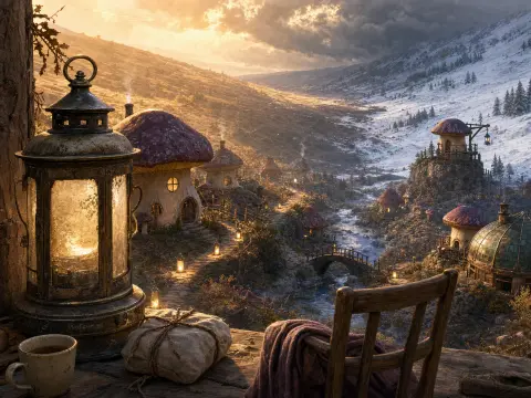 A glowing lantern on a balcony overlooking a fantasy mushroom cottage village between autumn hills and snowy mountains.