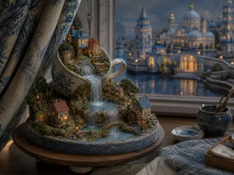 Miniature village crafted around a porcelain teacup with waterfalls and a watermill in front of a distant palace window.