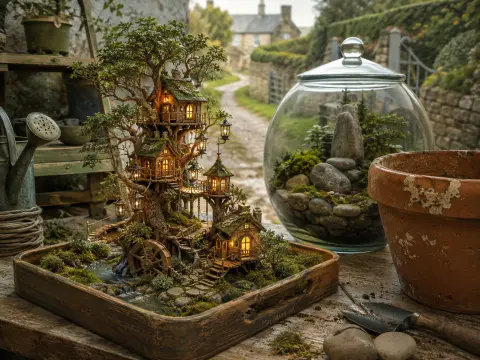 Intricate miniature treehouse village in a wooden tray beside a glass terrarium on a garden potting table.