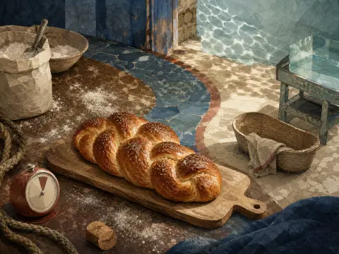 A golden braided loaf of bread rests on a wooden cutting board atop sun-dappled mosaic floor tiles.