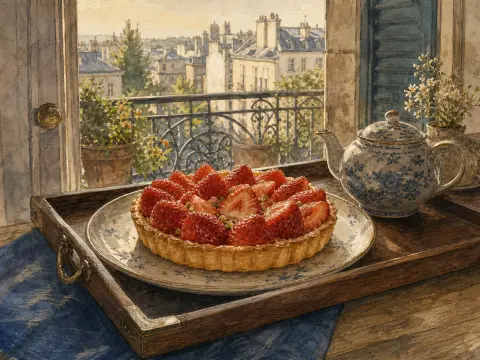 A fresh strawberry tart and a blue floral teapot sit on a wooden tray by an open balcony window overlooking city rooftops.