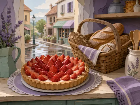 Fresh strawberry tart and a basket of artisan bread resting on a windowsill overlooking a cobblestone village street.
