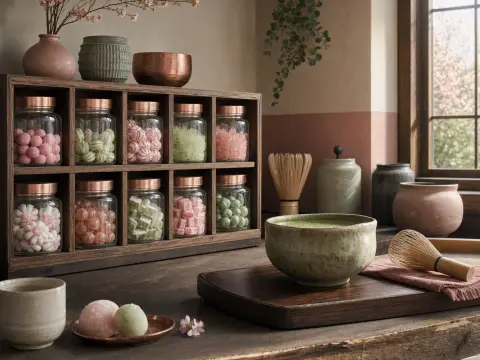 Matcha tea in a ceramic bowl with bamboo whisks, mochi sweets, and glass jars of pastel candies on a wooden shelf.