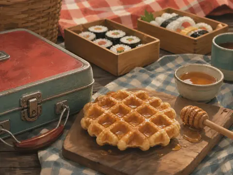 A syrup-covered waffle on a wooden board next to a honey dipper, vintage picnic case, and sushi bento boxes.