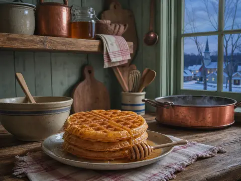A stack of golden waffles drizzled with honey on a rustic kitchen counter beside a snowy window view.