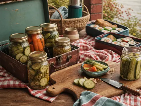 Glass jars of pickled vegetables sit in a vintage case on a picnic table alongside sushi boxes.