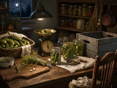 Fresh cucumbers, dill, and glass pickling jars arranged on a rustic wooden table beneath a warm hanging lamp.