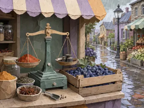 A paper-crafted market stall features a balance scale with red spice and a wooden crate of blueberries on a rainy street.