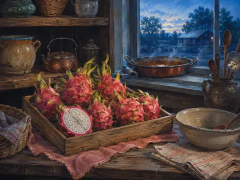 A crate of bright pink dragon fruit and a steaming copper pan on a rustic kitchen table beside an open window.