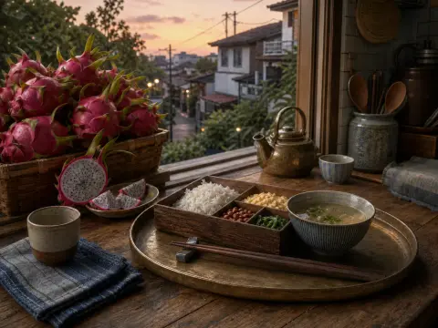 A basket of dragon fruit and a Japanese meal set by an open wooden window overlooking rooftops at dusk.