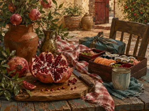 A split ripe pomegranate and a bento box of sushi arranged on a rustic outdoor table in a sunlit courtyard.