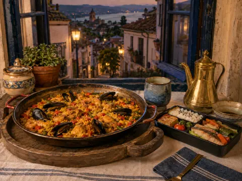 A pan of seafood paella, a bento box, and a brass pitcher sit on a windowsill overlooking an illuminated coastal town.
