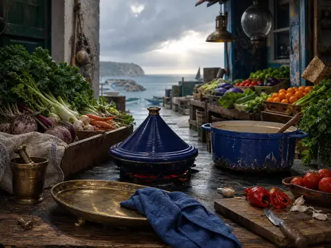 A glossy blue tagine and enamel pot sit on a wooden table beside fresh produce overlooking a coastal harbor.