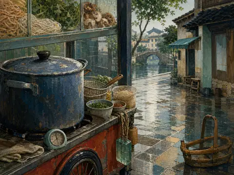 A street noodle cart with a large blue pot overlooks a rainy stone street and an arched canal bridge.