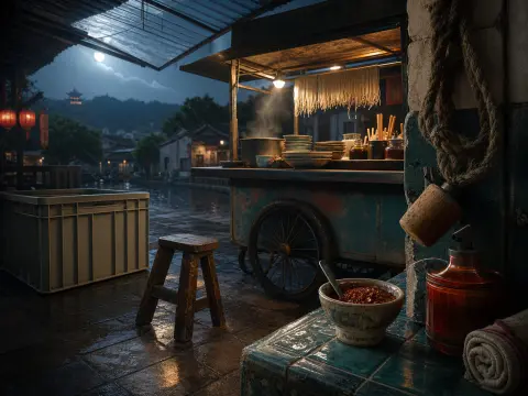 A steaming noodle cart lit by a single hanging bulb on a wet stone street beneath a full moon.