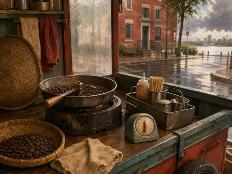 A street vendor cart with roasted coffee beans, a vintage timer, and condiments overlooking a wet city street after rain.
