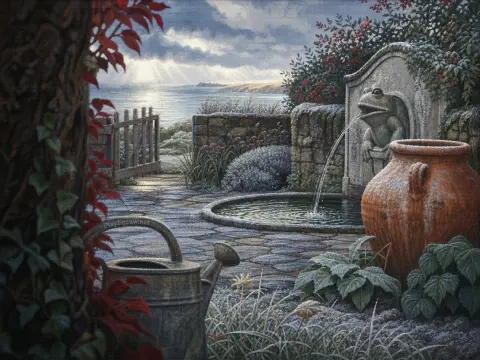 Stone frog fountain spouts water on a frost-covered coastal terrace with a terracotta urn and sea view.