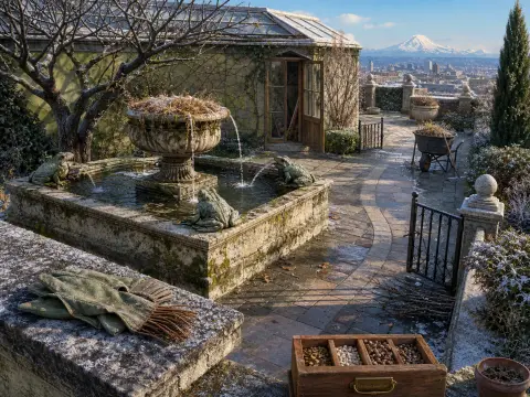 A stone terrace garden with a frog fountain overlooks a sprawling city and a distant snow-capped mountain.