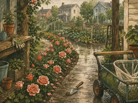 A rainy garden path lined with pink roses, a garden cart, a trowel, and houses in the background.