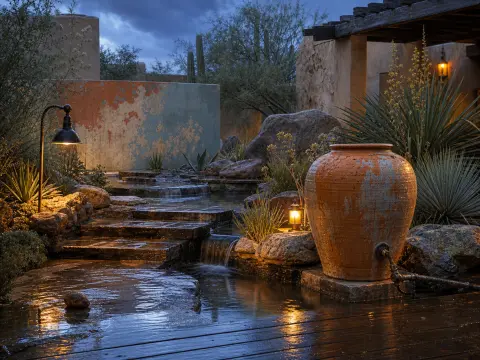 Illuminated desert courtyard at dusk with a tiered stone water feature, terracotta urn, and desert plants.