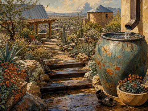 A painted ceramic urn collecting rainwater on a stone terrace overlooking an expansive desert landscape.