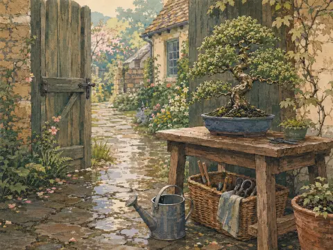 A bonsai tree on a wooden workbench beside a watering can and an open garden gate leading to a cottage path.