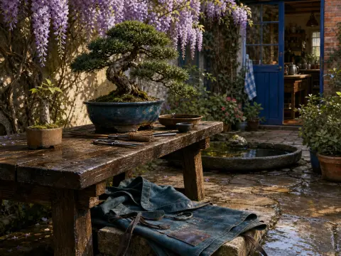 Bonsai tree and pruning shears on a wet wooden garden bench beneath cascading purple wisteria blooms.