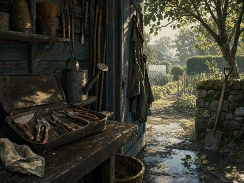 A garden shed workbench filled with pruning tools overlooks a sunny path leading to vegetable beds.
