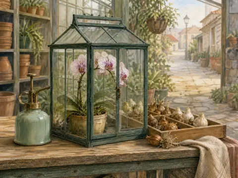 A miniature glass terrarium holds blooming orchids on a wooden potting bench next to a mister and flower bulbs.