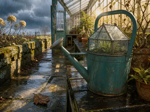 A weathered teal watering can terrarium resting on a wet bench outside a greenhouse under a rainy sky.