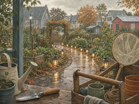 A rain-soaked garden path lined with candle lanterns, viewed past gardening tools resting on a wooden porch.